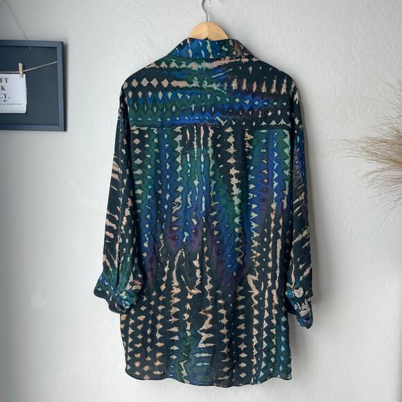 Carter Shibori Silk Abstract Tie Dye Print Long Sleeve Button Up Tunic Blouse L - Picture 6 of 8